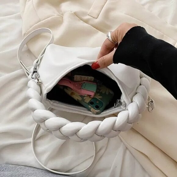 New Braided Handle‎ Vegan Leather Hobo Bag in White - Picture 5 of 7